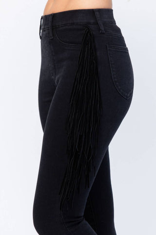 Judy Blue - Calça jeans skinny jegging com franjas laterais e cintura alta