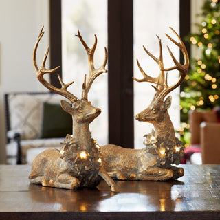 Holiday Deer Figurine with Lighted Wreath and Gold Finish (Set of 2)