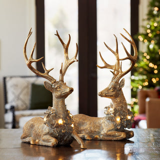 Holiday Deer Figurine with Lighted Wreath and Gold Finish (Set of 2)