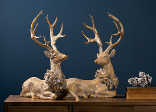 Holiday Deer Figurine with Lighted Wreath and Gold Finish (Set of 2)
