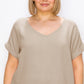 Blusa feminina de gaze com decote em V e mangas dobradas, marrom, tamanho 3X