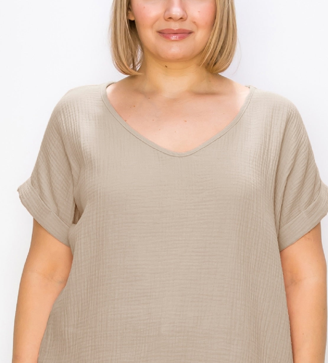 Blusa feminina de gaze com decote em V e mangas dobradas, marrom, tamanho 3X