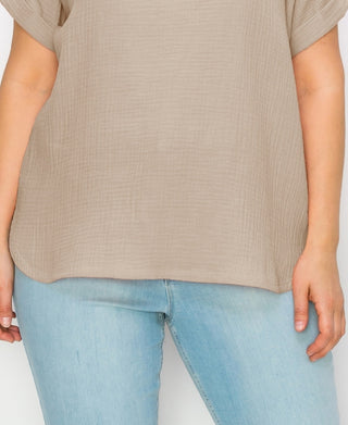 Blusa feminina de gaze com decote em V e mangas dobradas, marrom, tamanho 3X