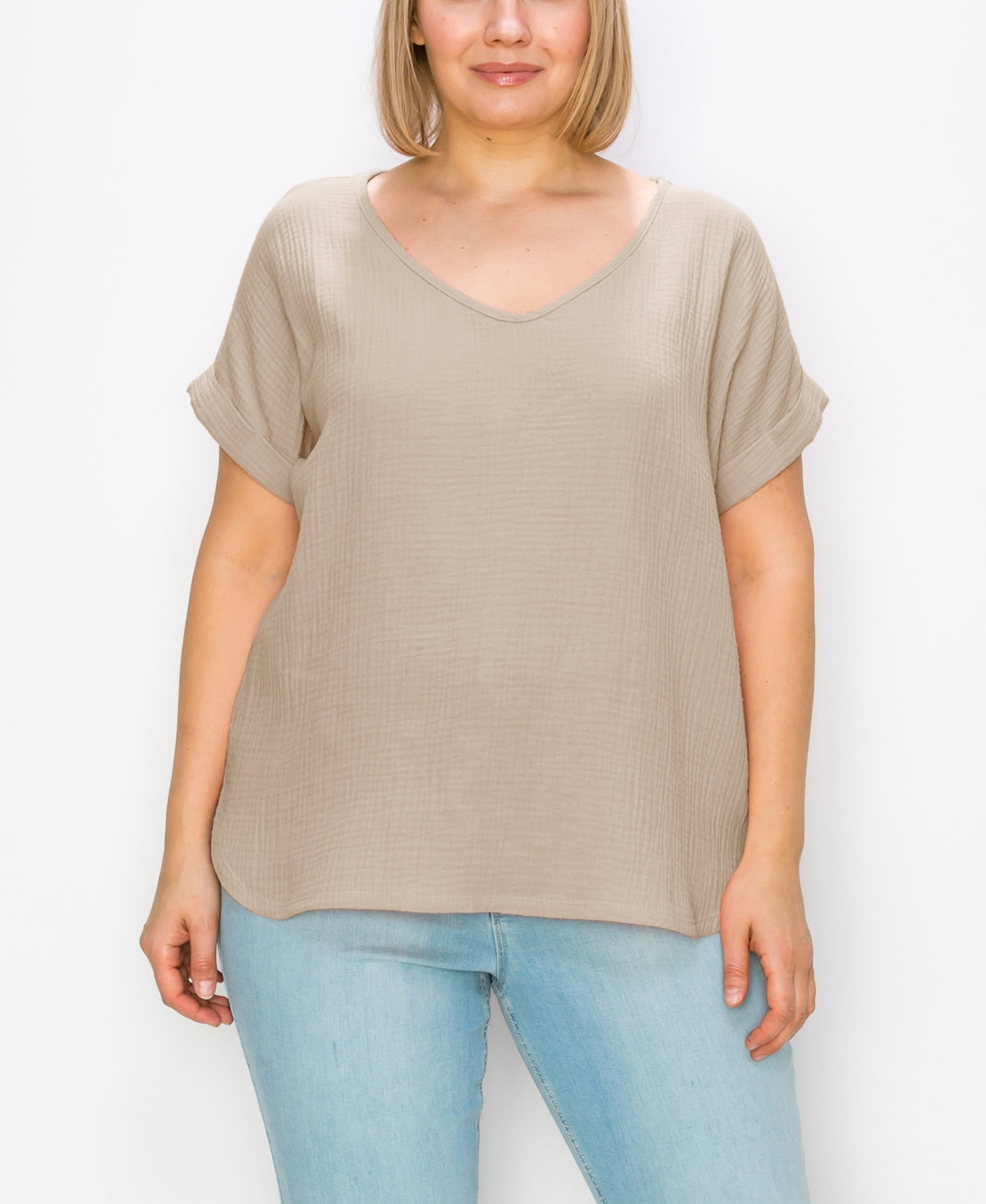 Blusa feminina de gaze com decote em V e mangas dobradas, marrom, tamanho 3X