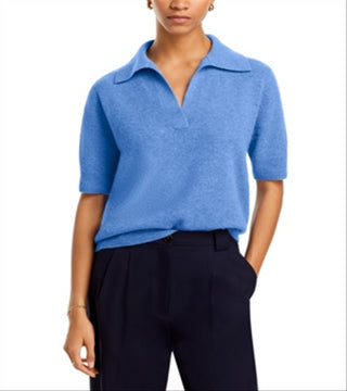Polo de manga curta de cashmere C by Bloomingdale's, azul, tamanho G