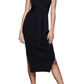 Vestido midi preto Good American, malha canelada com cintura amarrada, tamanho 001