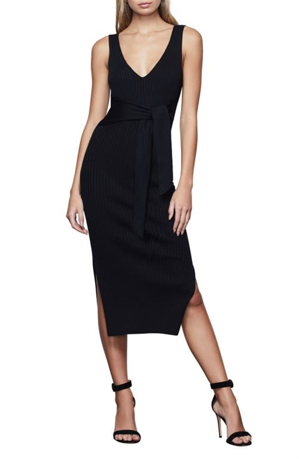 Vestido midi preto Good American, malha canelada com cintura amarrada, tamanho 001