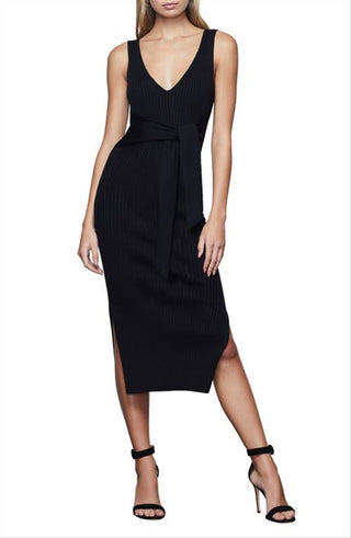 Vestido midi preto Good American, malha canelada com cintura amarrada, tamanho 001