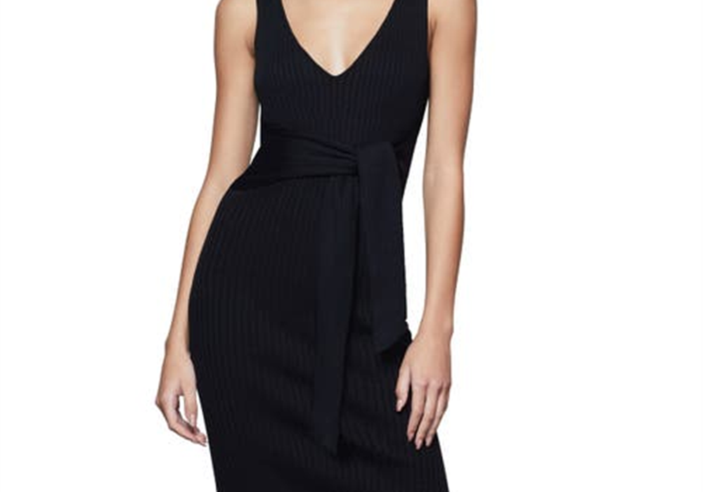 Vestido midi preto Good American, malha canelada com cintura amarrada, tamanho 001