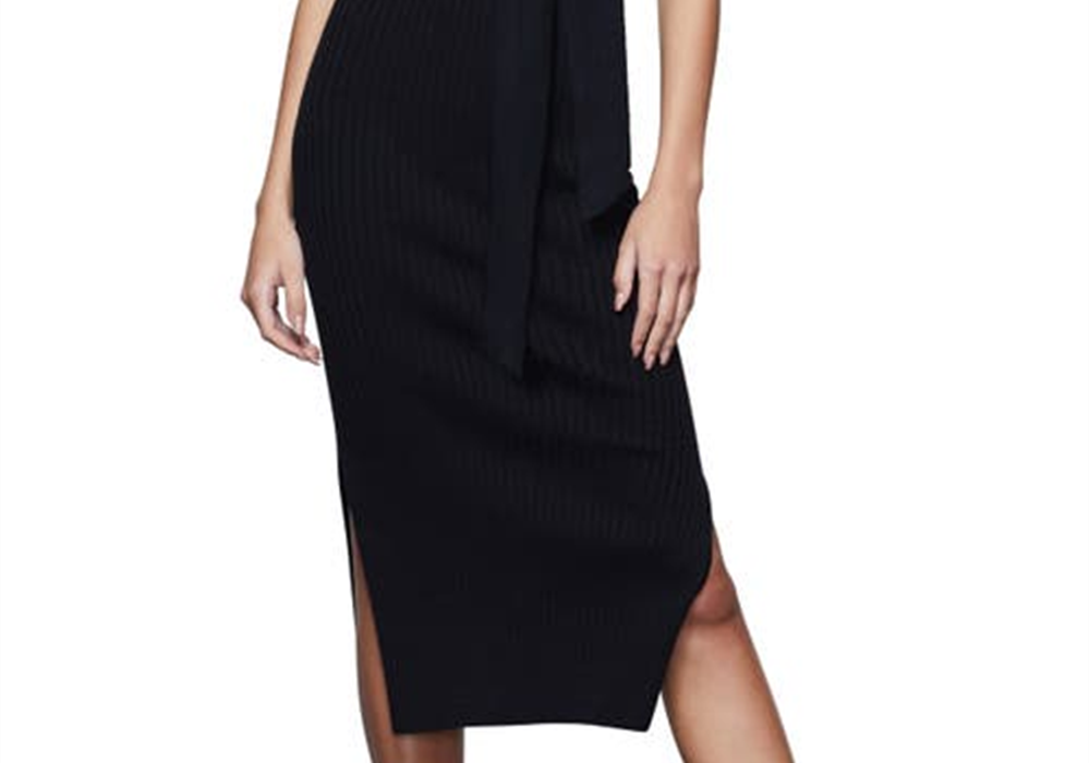 Vestido midi preto Good American, malha canelada com cintura amarrada, tamanho 001