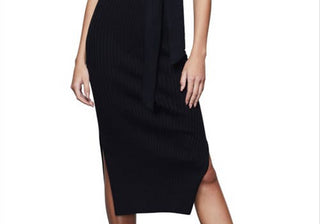 Vestido midi preto Good American, malha canelada com cintura amarrada, tamanho 001