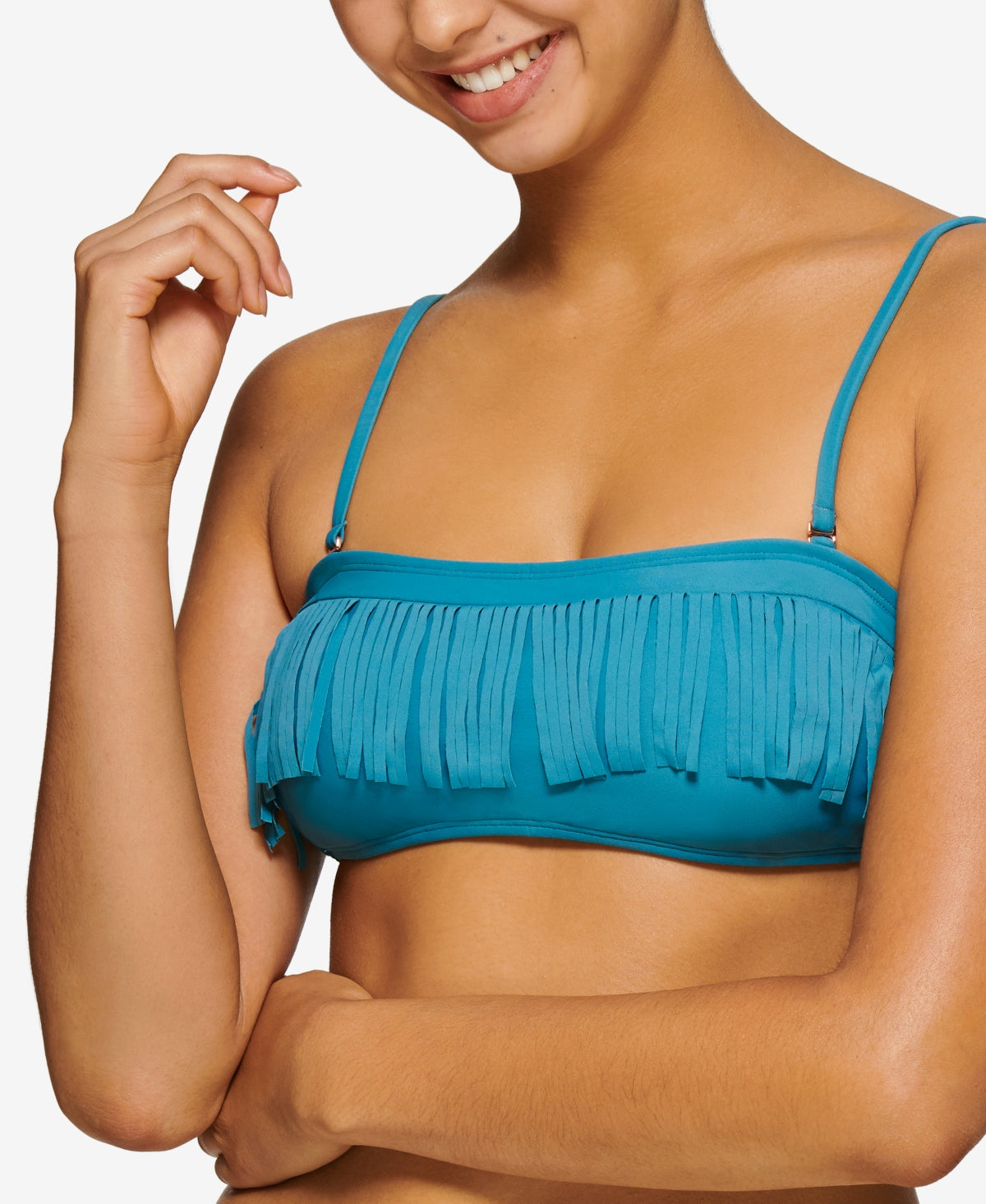 Top de banho Hula Honey Junior's com franjas e faixa azul, tamanho X-S