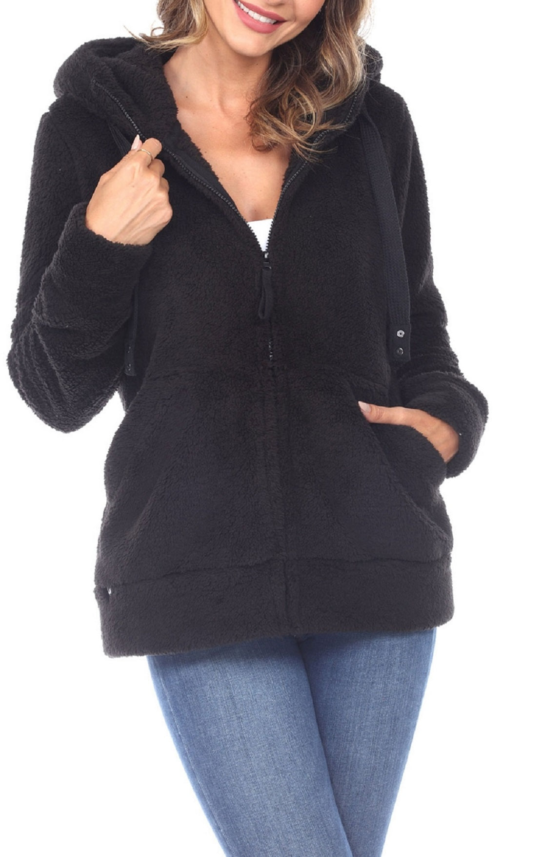 Jaqueta Sherpa com Capuz Feminina White Mark Preta Tamanho Grande