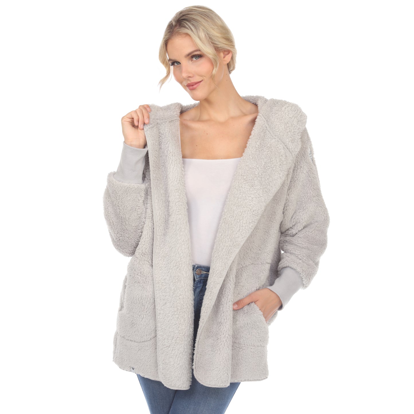 Jaqueta feminina White Mark Plush com capuz e bolsos, cinza, tamanho médio