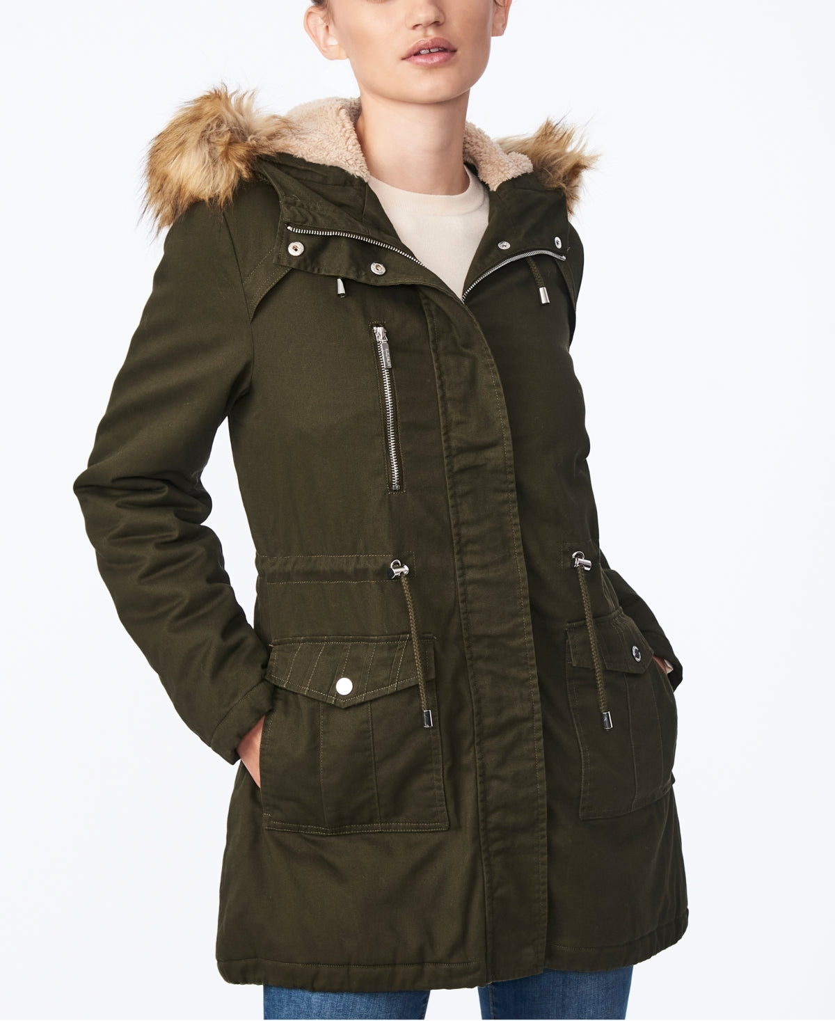 Casaco anoraque com capuz e acabamento em pele sintética da coleção B Junior, verde, tamanho médio