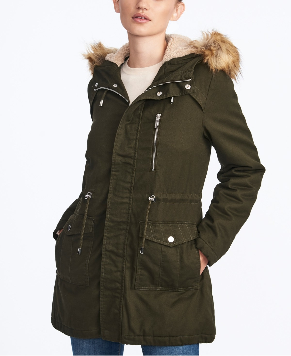 Casaco anoraque com capuz e acabamento em pele sintética da coleção B Junior, verde, tamanho médio