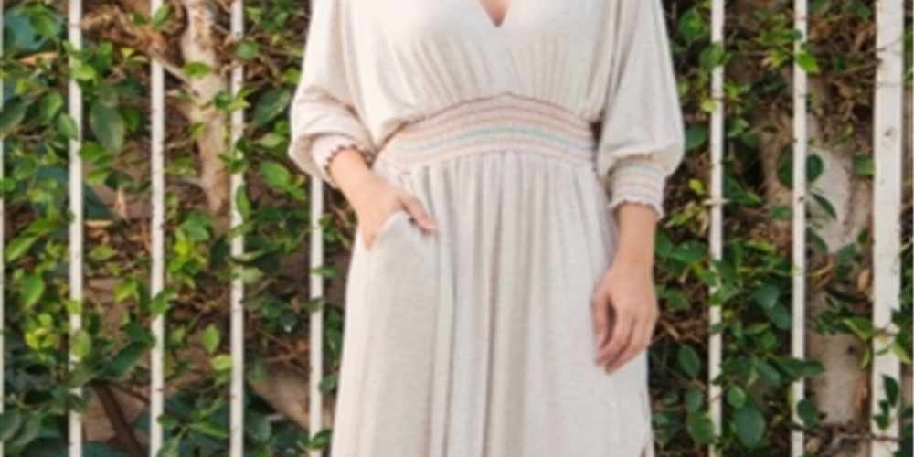 Vestido Lindsay Smocked com decote em V e manga comprida Wanderlux feminino, cinza, tamanho médio