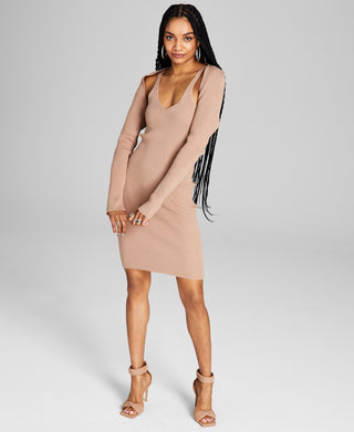 E agora este vestido justo feminino de malha canelada e ombros largos marrom tamanho médio