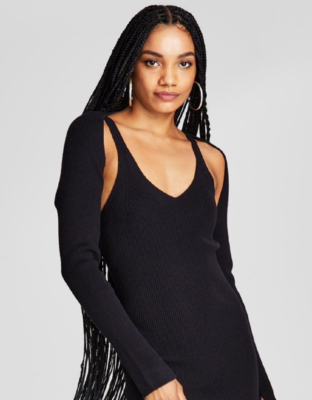 E agora este vestido justo feminino de malha canelada e ombros de fora, preto, tamanho X-S