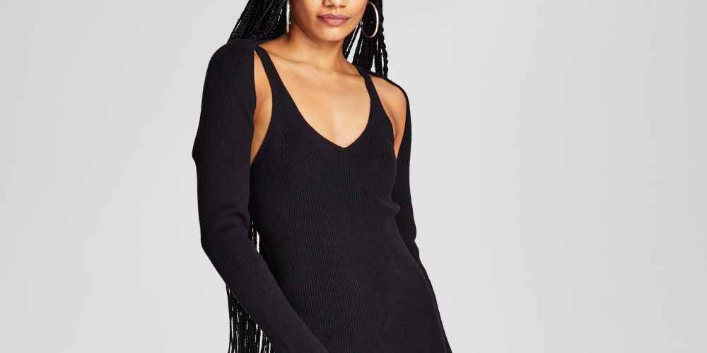 E agora este vestido justo feminino de malha canelada e ombros nus, preto, tamanho XL