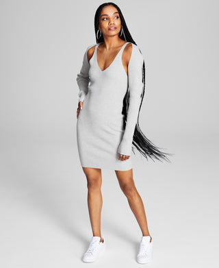 E agora este vestido justo de malha canelada feminino e encolher de ombros cinza tamanho pequeno