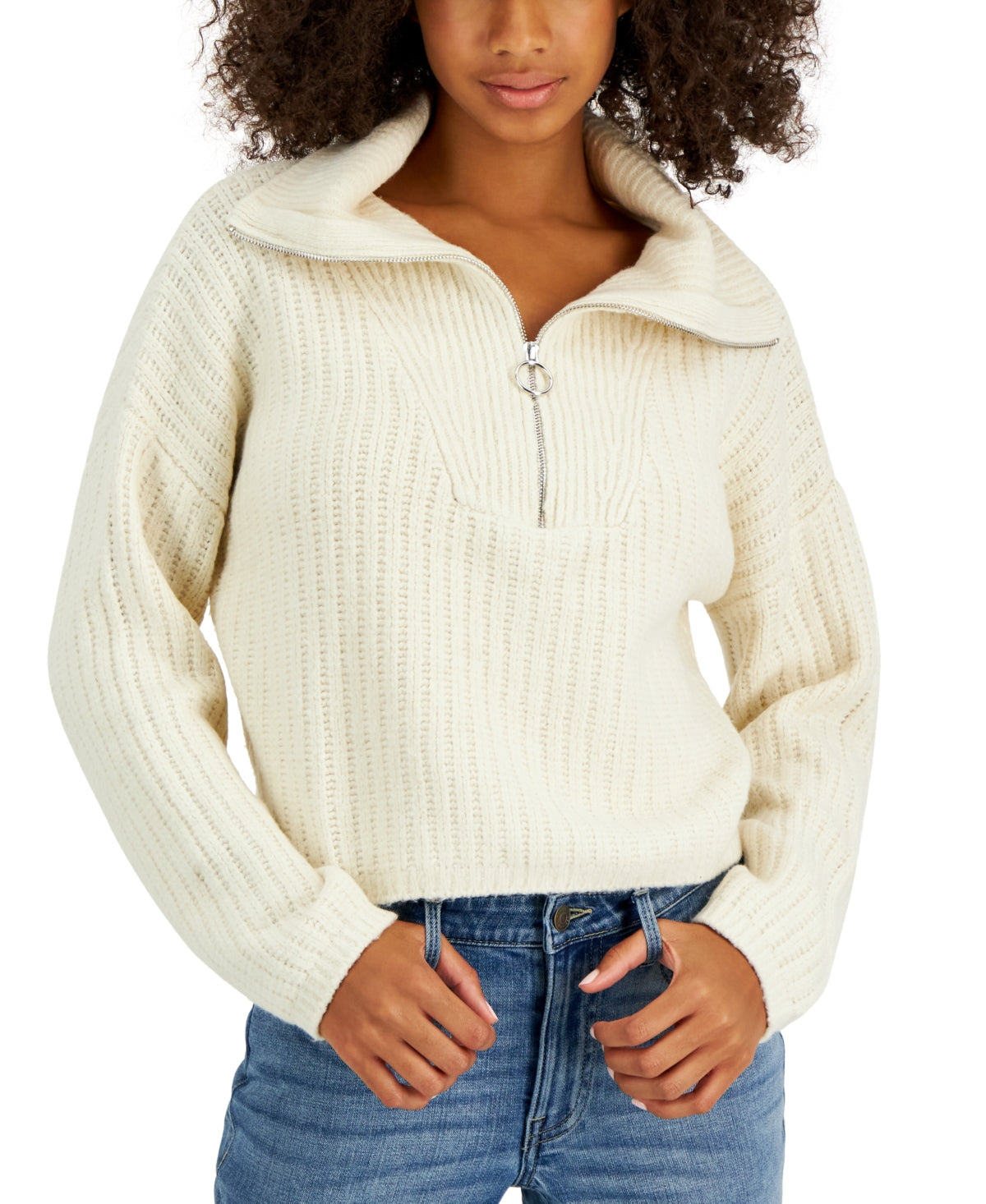 E agora este suéter feminino texturizado com zíper de um quarto, manga comprida, branco, tamanho médio