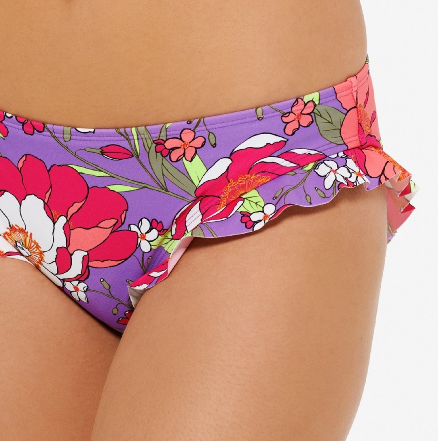 Calcinha de biquíni Hula Honey Junior's Impressionist com babados, maiô roxo, tamanho extrapequeno