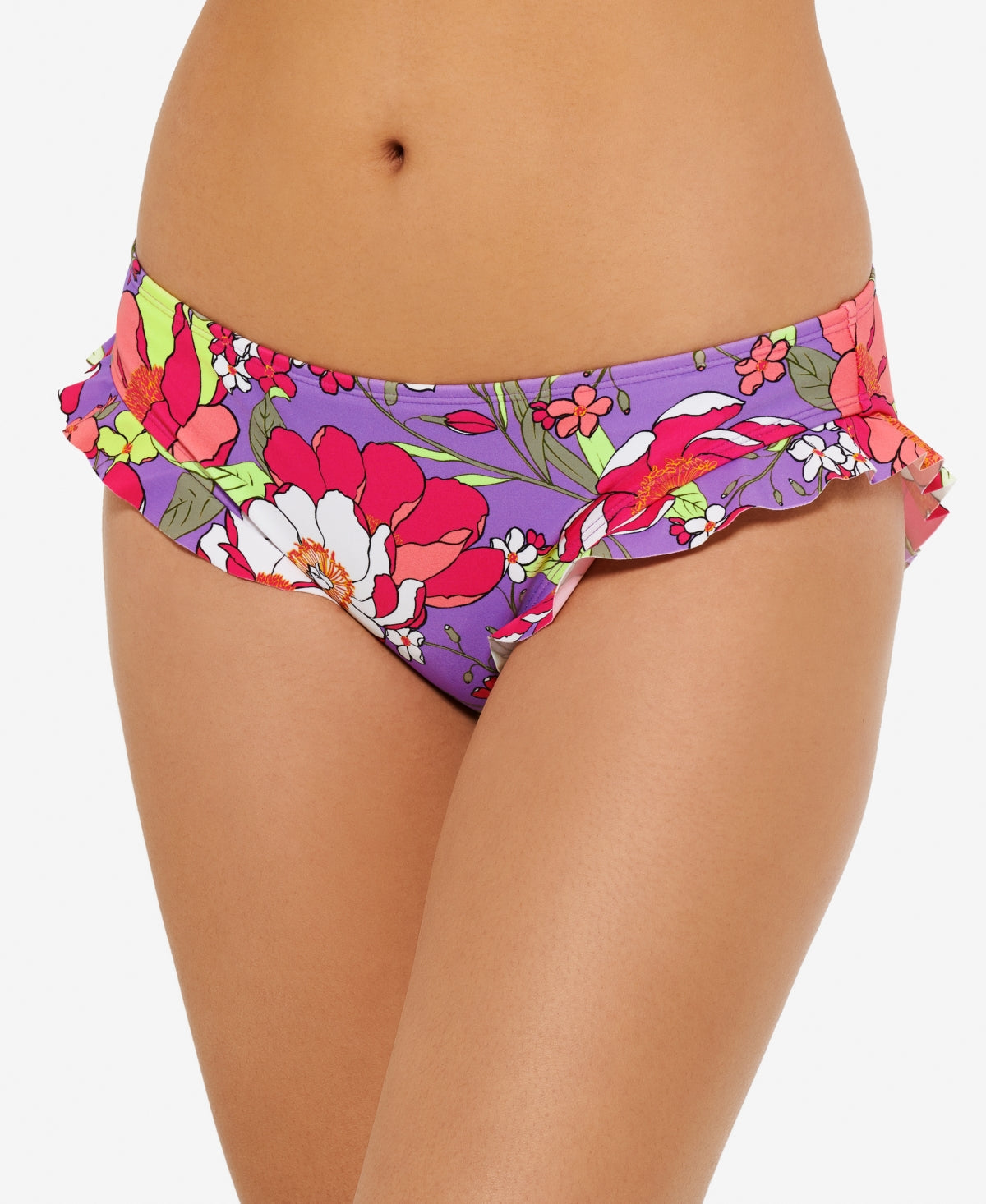 Calcinha de biquíni Hula Honey Junior's Impressionist com babados, maiô roxo, tamanho extrapequeno