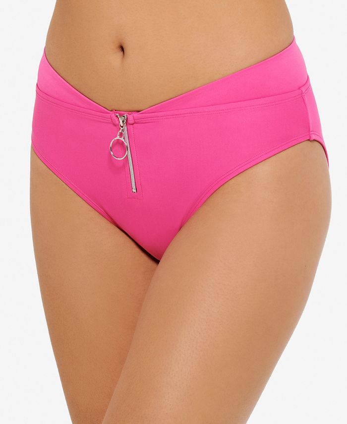 Calcinha de maiô feminina Hula Honey com cintura alta elástica, frente em V, forrada, zíper, cobertura total, rosa