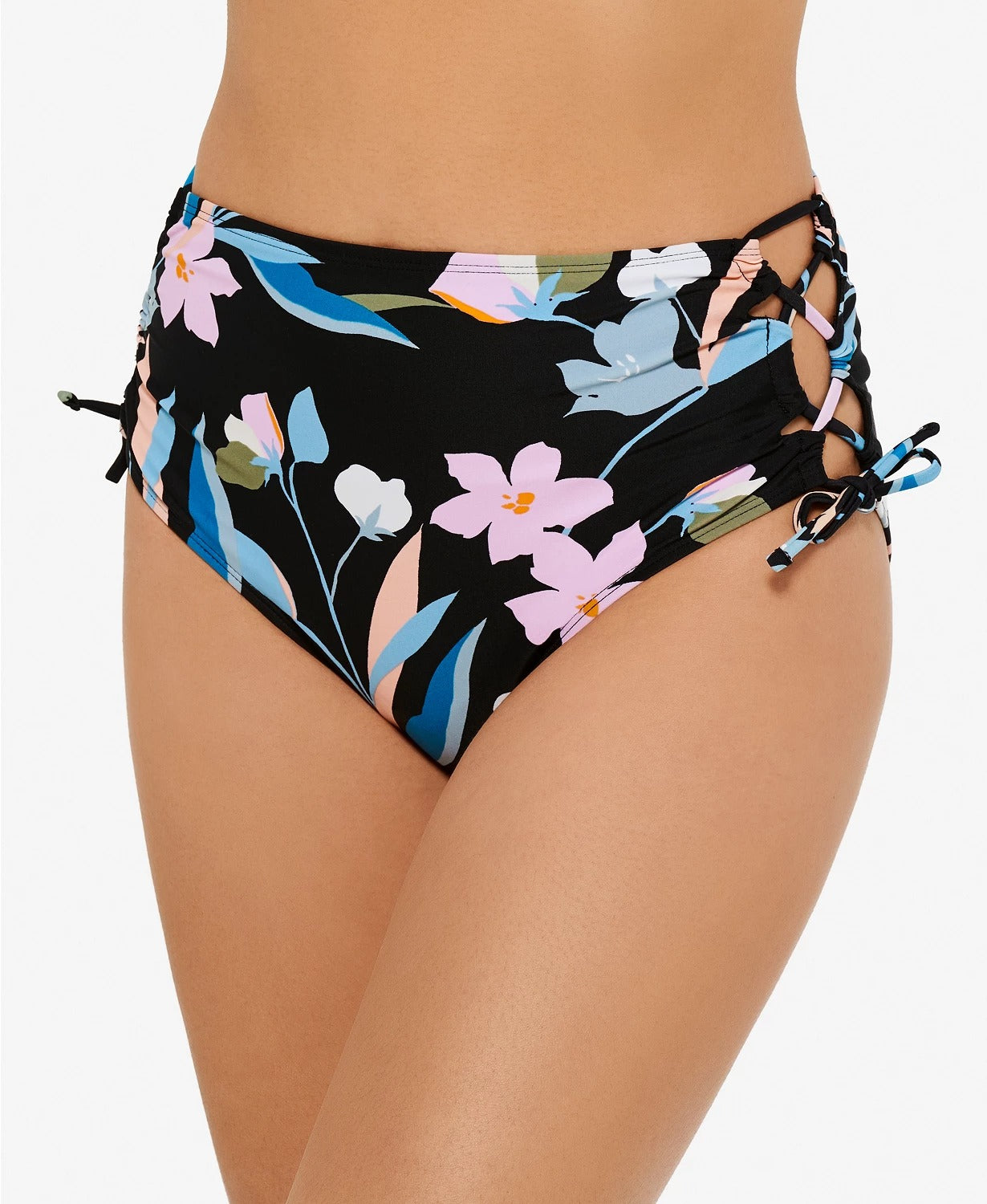 Calcinha de biquíni feminina Hula Honey Flourishing Floral cintura alta preta tamanho X-G