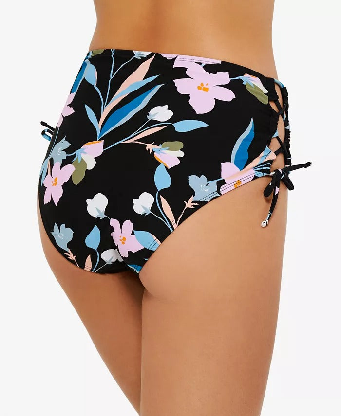 Calcinha de biquíni feminina Hula Honey Flourishing Floral cintura alta preta tamanho X-G