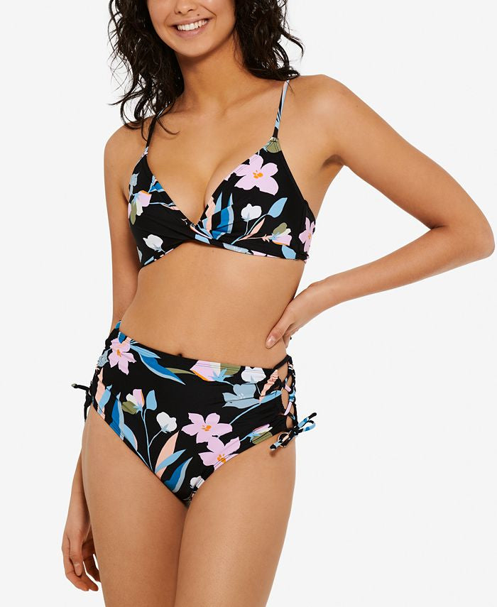 Calcinha de biquíni feminina Hula Honey Flourishing Floral cintura alta preta tamanho X-G