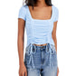 Blusa Just Polly Junior com decote quadrado e franzido, azul, tamanho médio