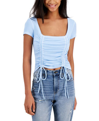 Blusa Just Polly Junior com decote quadrado e franzido, azul, tamanho médio