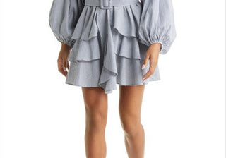 Vestido com babados da coleção Vici - Branco/Azul-marinho, tamanho pequeno