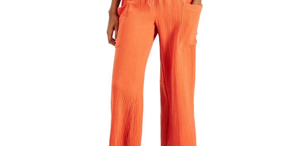 Calça curta feminina Indigo Rein de algodão com gaze larga e cordão, tamanho M, laranja