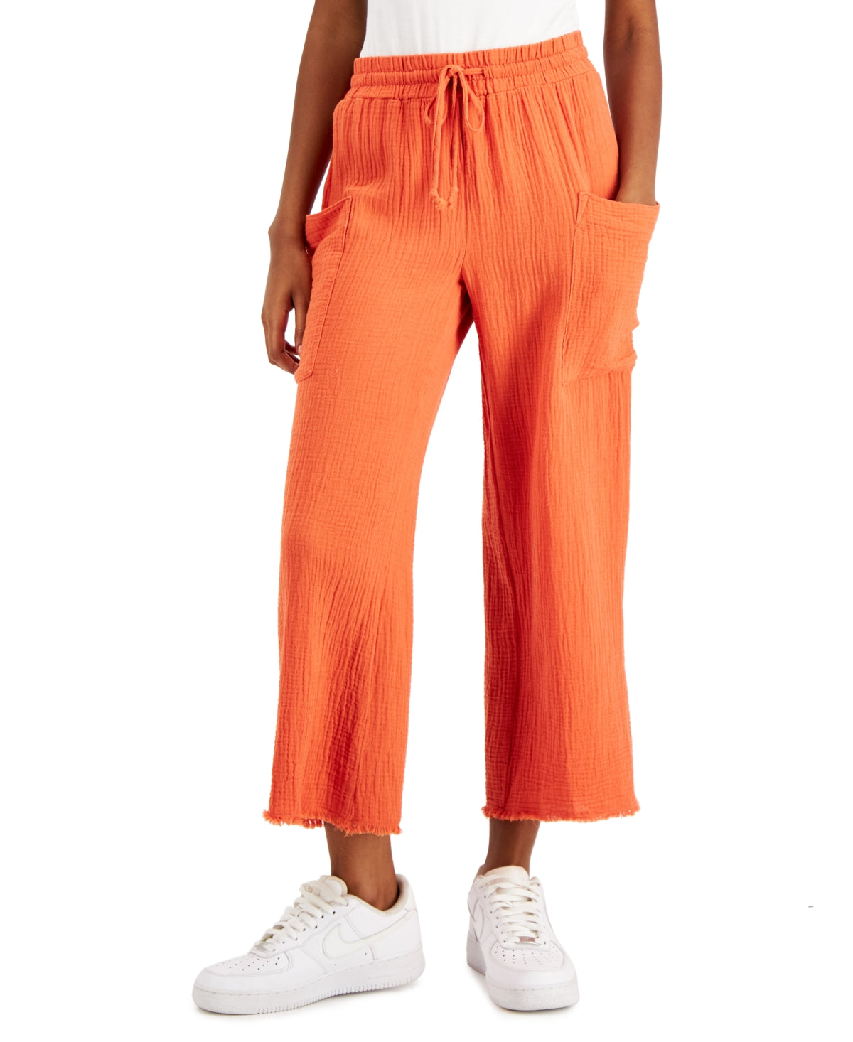 Calça curta feminina Indigo Rein de algodão com gaze larga e cordão, tamanho M, laranja