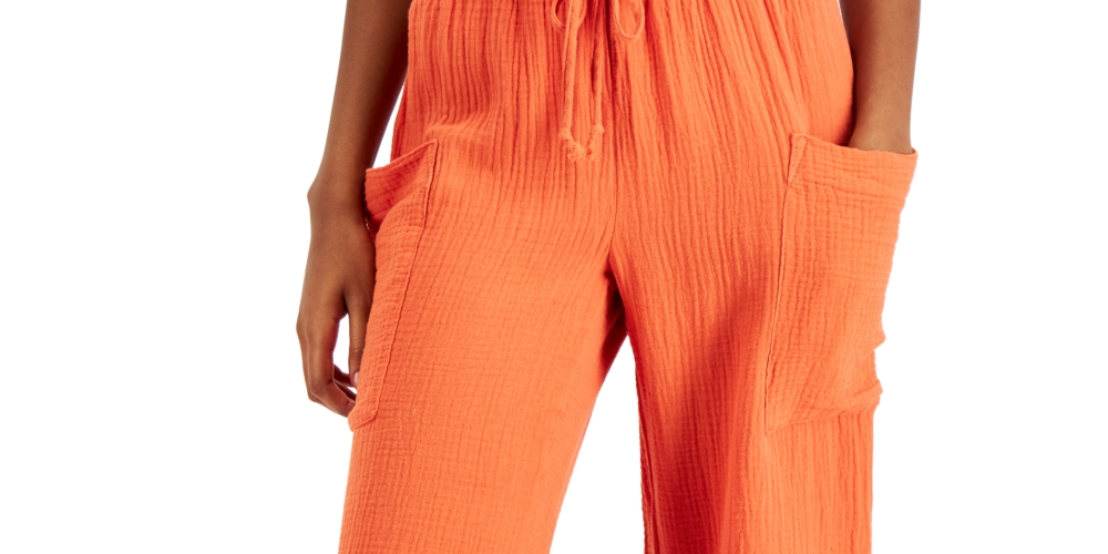 Calça curta feminina Indigo Rein de algodão com gaze larga e cordão, tamanho M, laranja