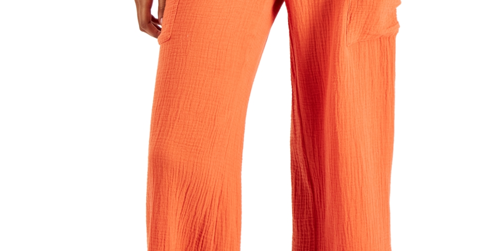 Calça curta feminina Indigo Rein de algodão com gaze larga e cordão, tamanho M, laranja