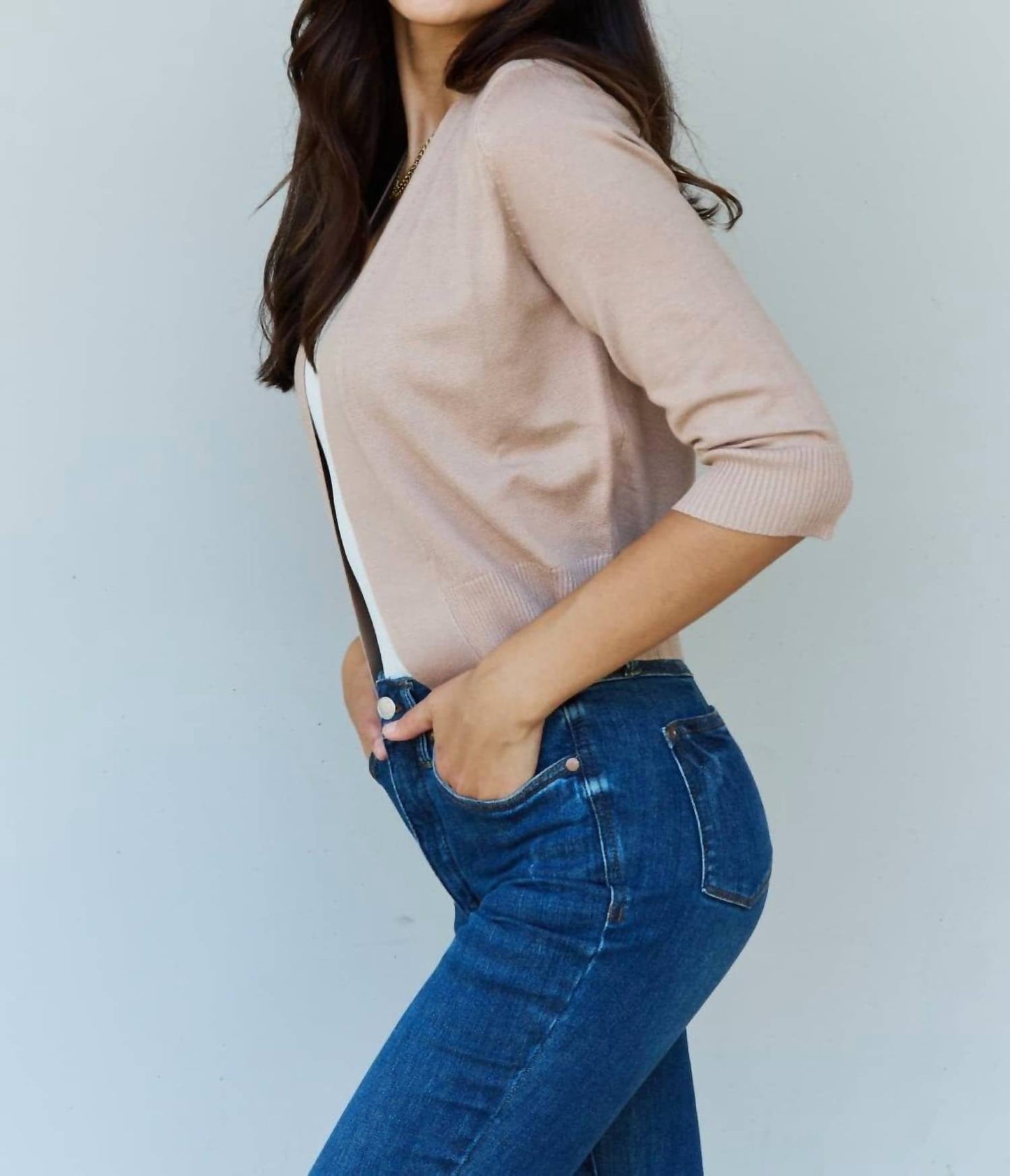 Doublju - Full Size 3/4 Sleeve Cropped Cardigan