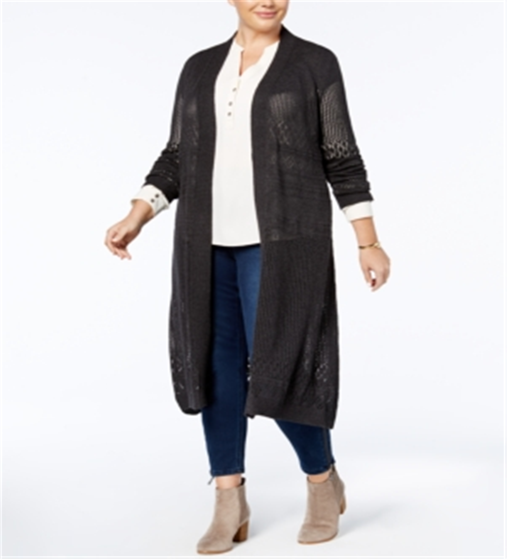 Belldini Cardigan Feminino Plus Pointelle Stitch Duster Cinza Tamanho 1X
