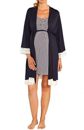 Conjunto de vestido de amamentação, robe e cobertor para bebê Angel Maternity em listras azul-marinho, tamanho X-Small Azul