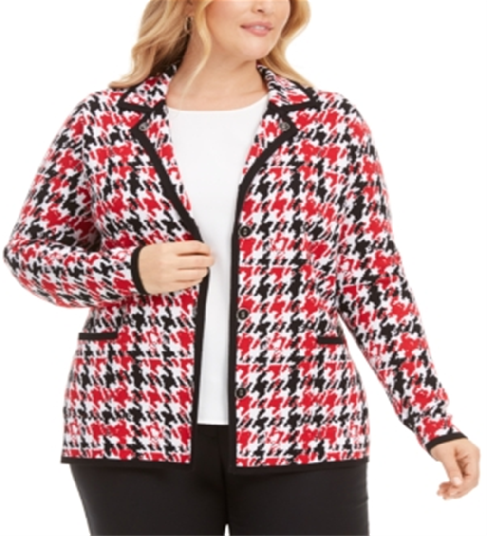 Cardigan feminino Belldini com estampa pied-de-poule e gola alta, vermelho, tamanho XX-G