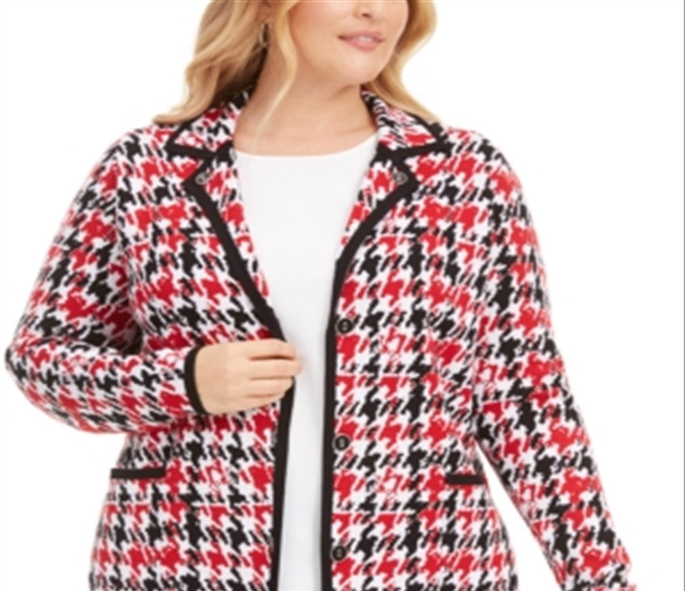 Cardigan feminino Belldini com estampa pied-de-poule e gola alta, vermelho, tamanho XX-G