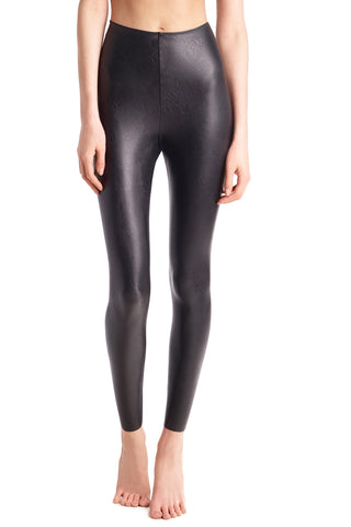 Leggings femininas de couro sintético de cintura alta, pretas, tamanho M