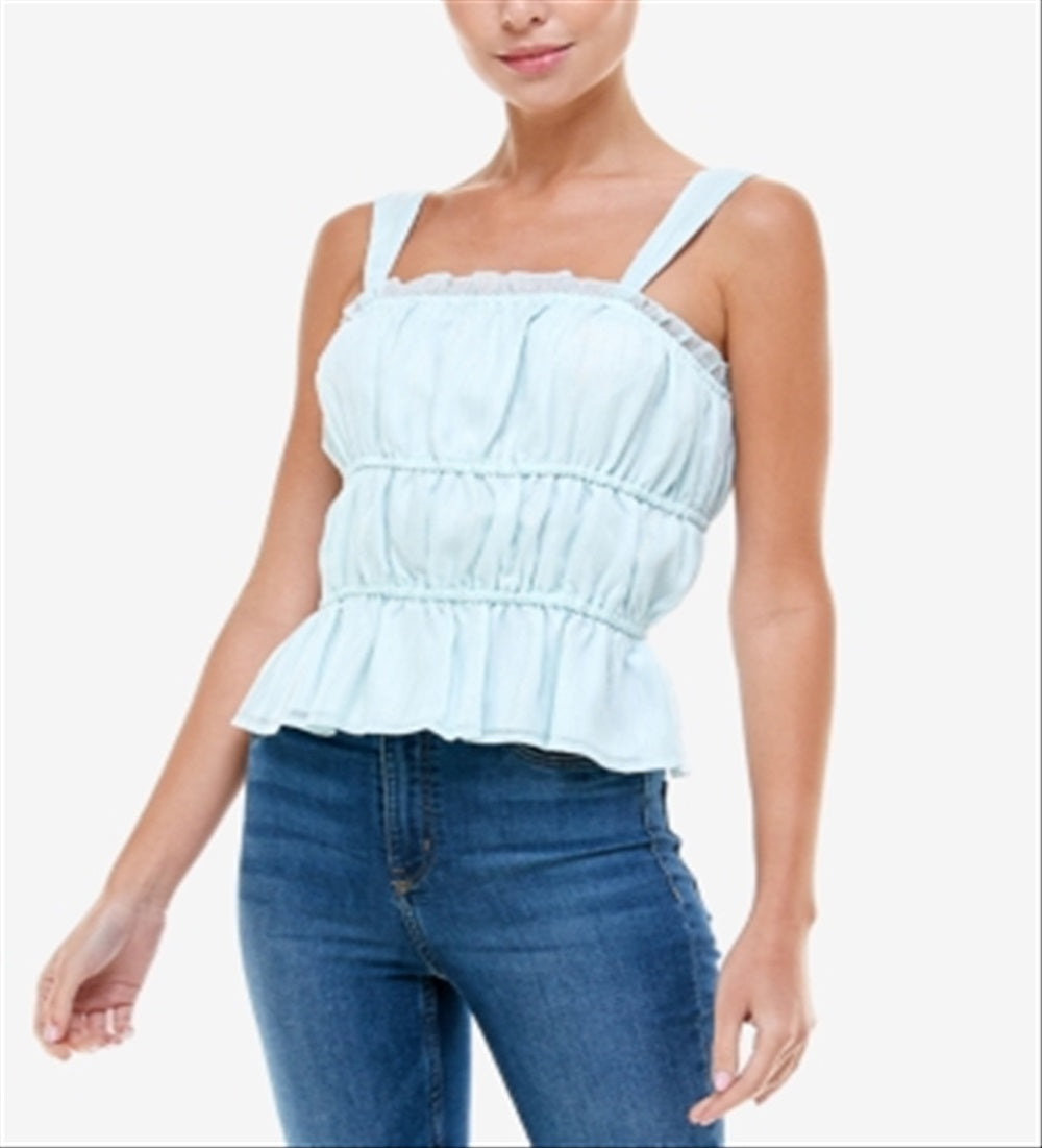 Q&amp;A Top feminino metálico franzido azul tamanho extragrande