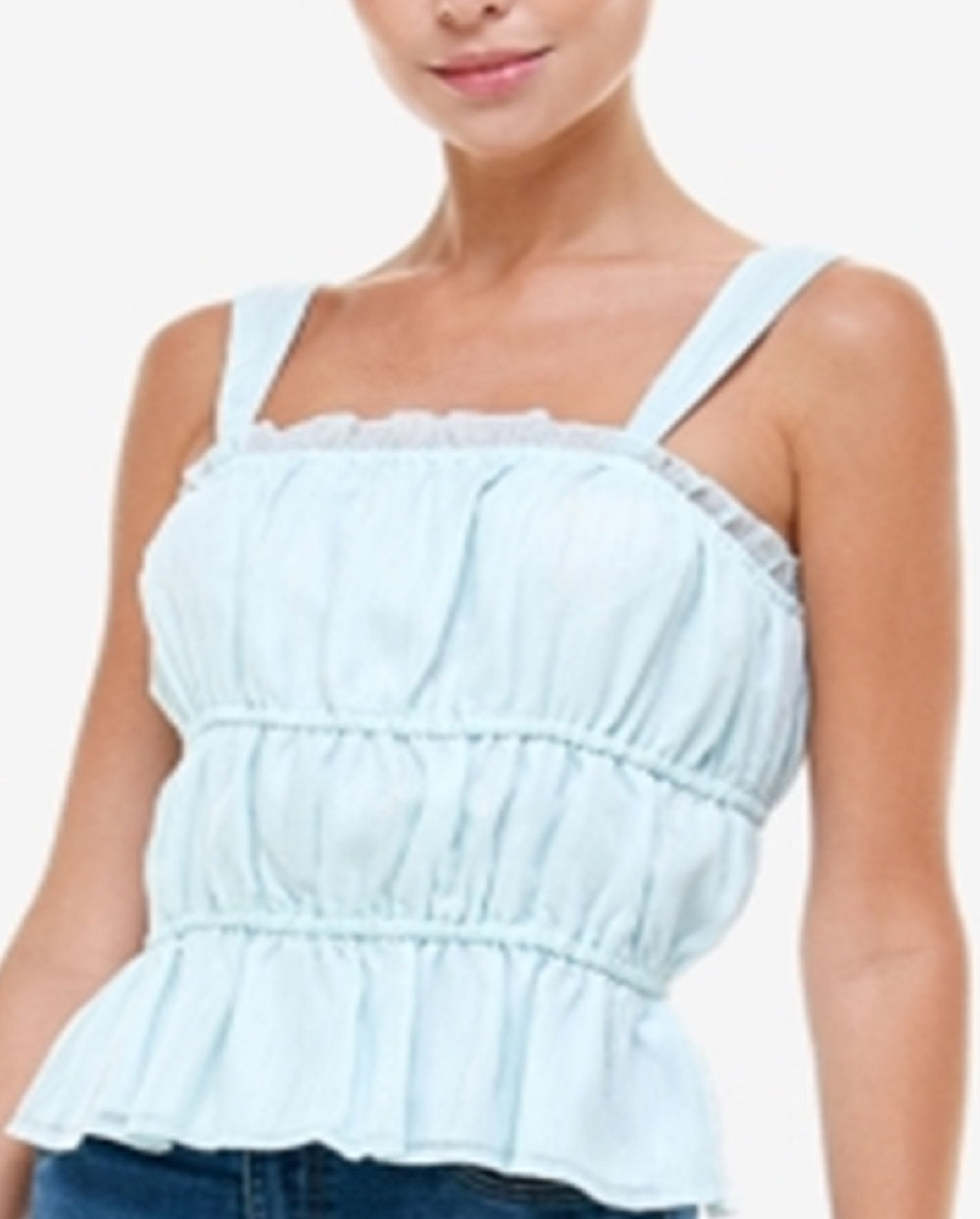 Q&amp;A Top feminino metálico franzido azul tamanho extragrande