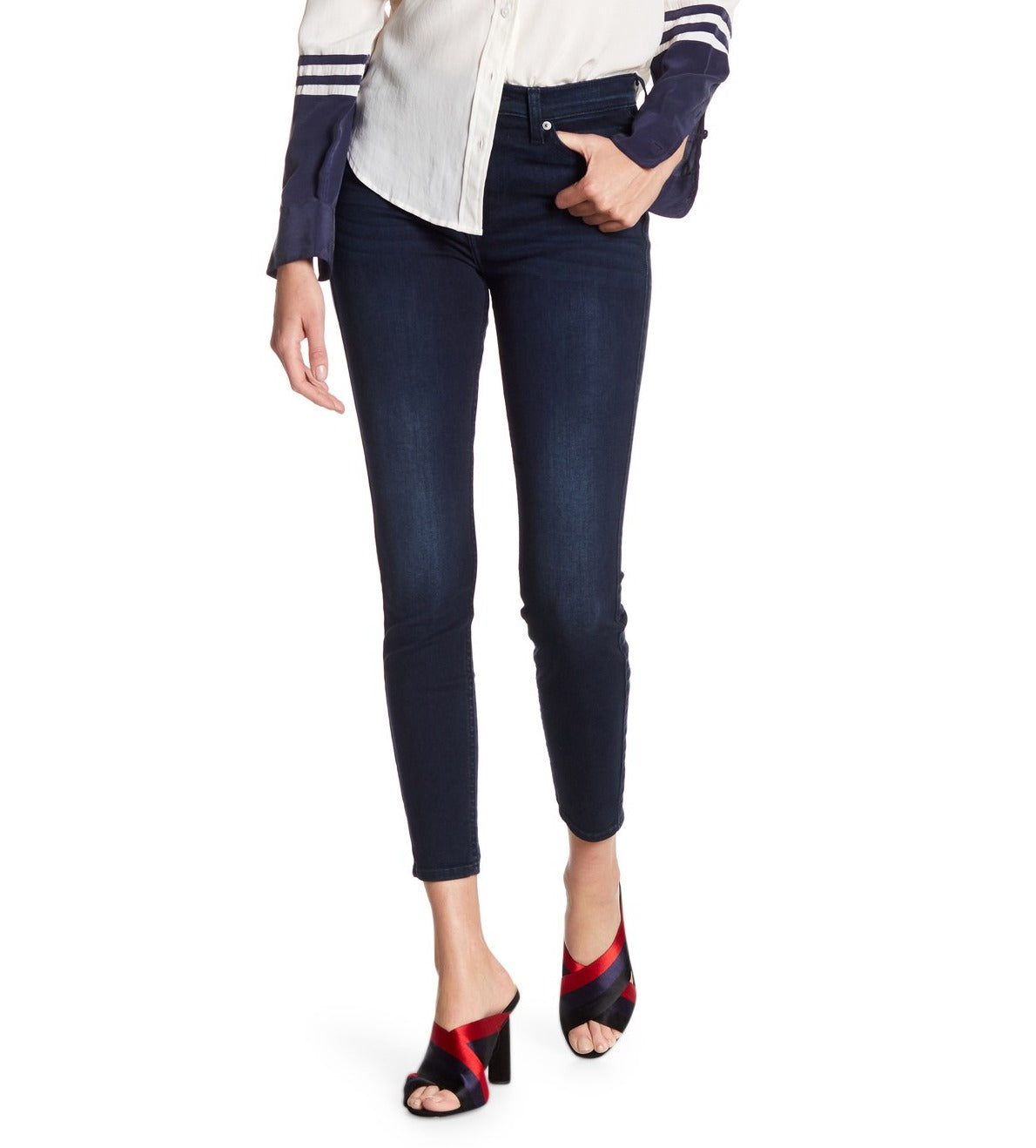 Calça jeans skinny feminina Gwenevere cintura alta até o tornozelo, azul, tamanho 28