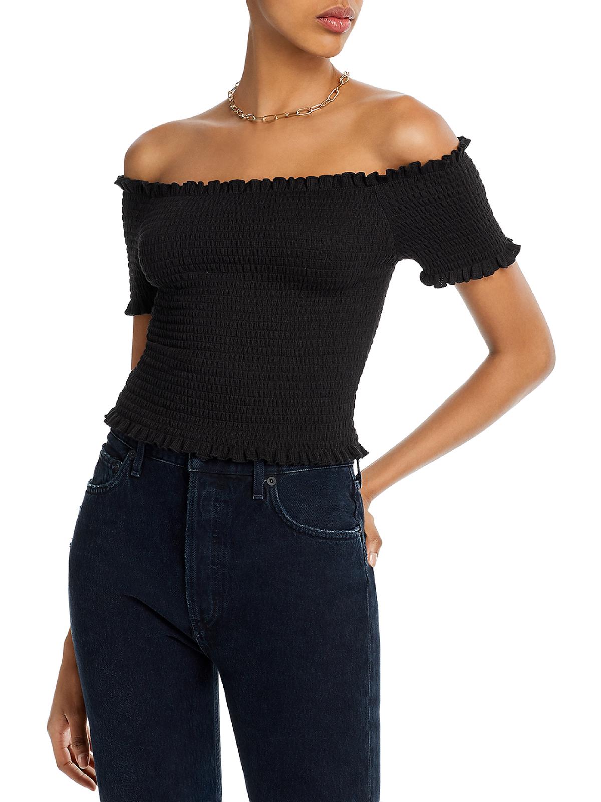 Top curto Aqua feminino com babados e ombros de fora, preto, tamanho P