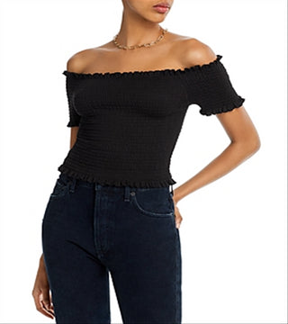 Top curto Aqua feminino com babados e ombros de fora, preto, tamanho P